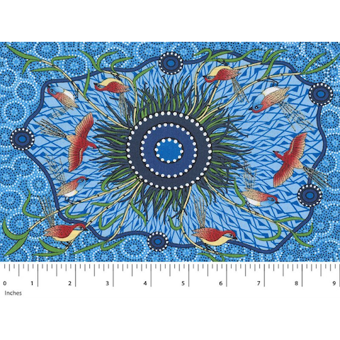  This stunning fabric features a male Southern Emu-Wren in rust against a vibrant blue background. 