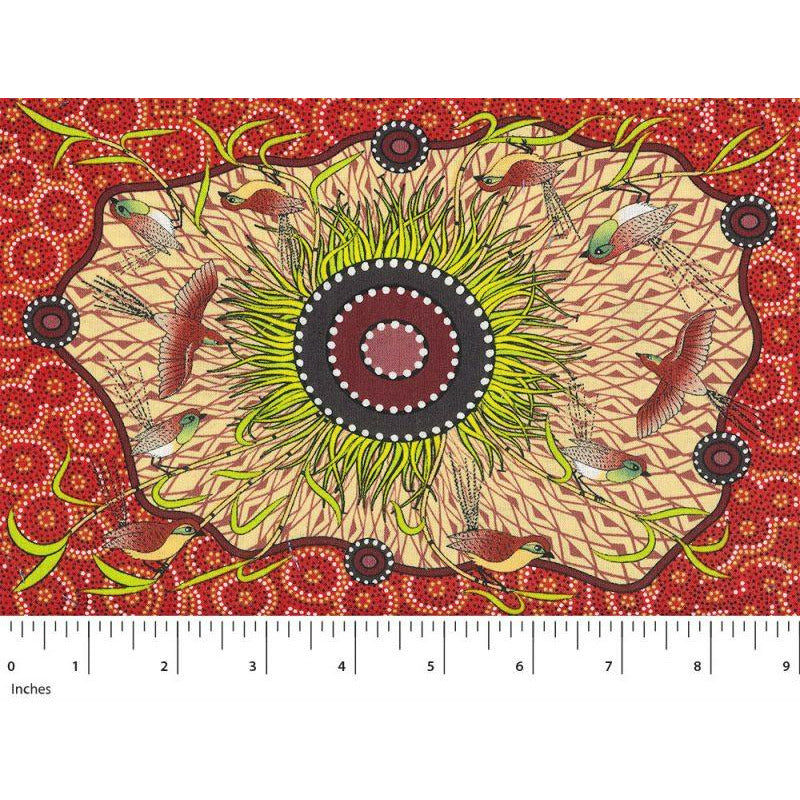Yeerung Red Australian Aboriginal fabric depicts a male Southern Emu-Wren in rust on a tan and red background.