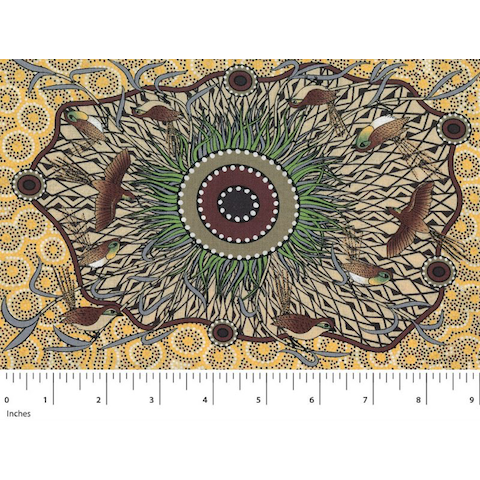Yeerung Yellow Australian Aboriginal fabric depicts a male Southern Emu-Wren in browns on a yellow background.