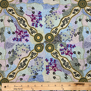 Yuendumu Bush Tomato Ecru Australian Aboriginal fabric depicts women after collecting Bush Tomatoes in lovely pastel shades of soft lavender and green on an ecru background. 