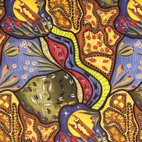 Bambillah Australian Aboriginal fabric designed by Nambooka depicts the flying glider at night which is a symbol of strength. The design portrays the spiritual world in the eyes of native Australians.