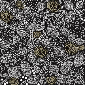 Bush Tucker Black Australian Aboriginal fabric depicts different kinds of bush food in white and yellow on a black background. 
