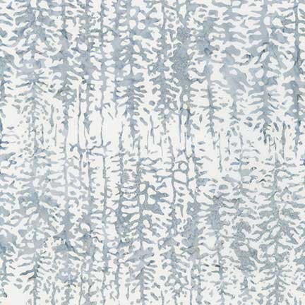 Twilight Snowfall - Frost is a wintery grey on white fabric depicting stylized trees with metallic silver snow drifting down